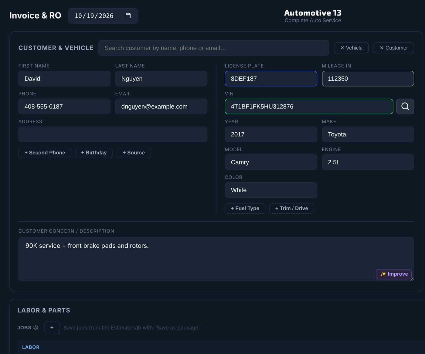 Invoice and repair order screen